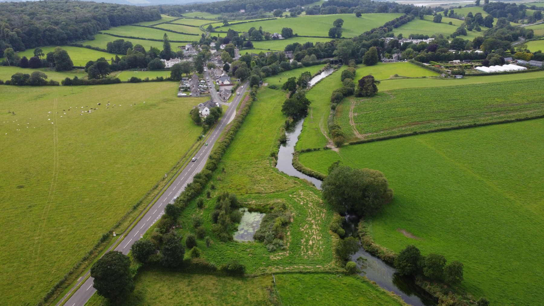 Aerial view of Ellers Meadow beside the River Bela and Beetham